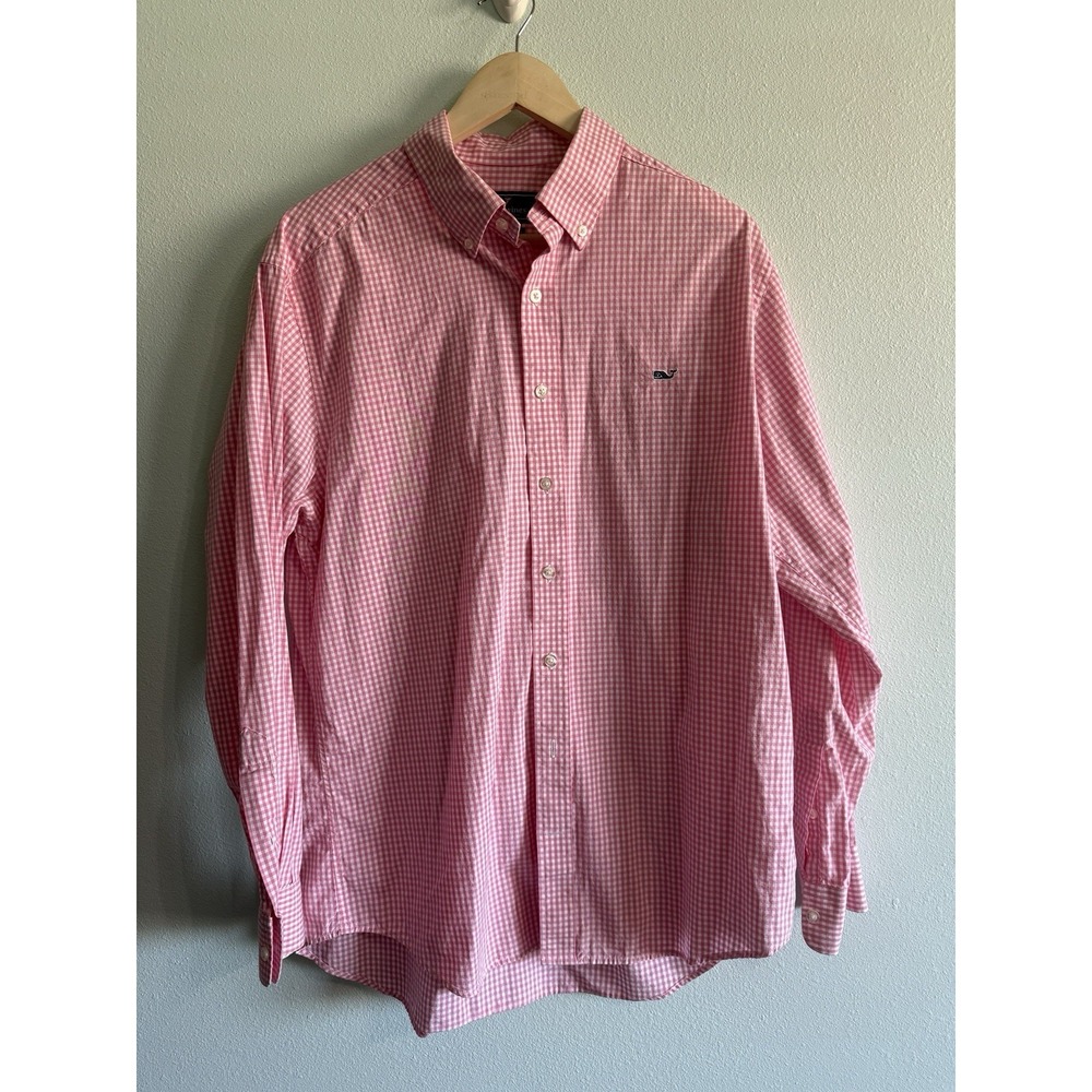 Vineyard Vines Slim Fit Whale Shirt Pink White Gingham Plaid Mens Large Preppy